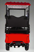 Side view of electric 4-wheel senior mobility scooter with red canopy

Front view of red electric personal golf cart

Rider sitting in senior mobility scooter outdoors

Back view of golf cart with 3-wheel configuration

Zoomed-in tire and motor components

Comfortable padded seat with backrest