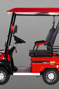 Side view of electric 4-wheel senior mobility scooter with red canopy

Front view of red electric personal golf cart

Rider sitting in senior mobility scooter outdoors

Back view of golf cart with 3-wheel configuration

Zoomed-in tire and motor components

Comfortable padded seat with backrest