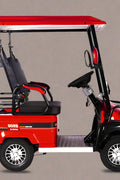 Side view of electric 4-wheel senior mobility scooter with red canopy

Front view of red electric personal golf cart

Rider sitting in senior mobility scooter outdoors

Back view of golf cart with 3-wheel configuration

Zoomed-in tire and motor components

Comfortable padded seat with backrest