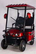 Side view of electric 4-wheel senior mobility scooter with red canopy

Front view of red electric personal golf cart

Rider sitting in senior mobility scooter outdoors

Back view of golf cart with 3-wheel configuration

Zoomed-in tire and motor components

Comfortable padded seat with backrest