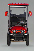 Side view of electric 4-wheel senior mobility scooter with red canopy

Front view of red electric personal golf cart

Rider sitting in senior mobility scooter outdoors

Back view of golf cart with 3-wheel configuration

Zoomed-in tire and motor components

Comfortable padded seat with backrest