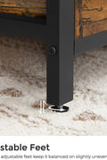 "Entryway storage bench ottoman with brown faux leather seat, metal frame, and hidden trunk storage"