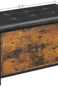 "Entryway storage bench ottoman with brown faux leather seat, metal frame, and hidden trunk storage"