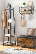 "Entryway storage bench ottoman with brown faux leather seat, metal frame, and hidden trunk storage"
