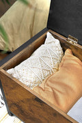 "Entryway storage bench ottoman with brown faux leather seat, metal frame, and hidden trunk storage"