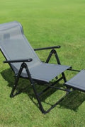 Outdoor ergonomic recliner chair – front angle view
Folding mesh camp chair in lounging position
Foldable chair with footrest deployed
Compact folded view of portable recliner