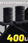Adjustable weight bench with dumbbells – full side view

Foldable black workout bench shown folded for compact storage

7-position incline backrest setting demonstration

Bench in use for upper body exercises

Heavy-duty steel frame with 400 lb weight capacity
