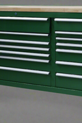 Fatboy 72" tool bench in JD Green finish with drawers closed

Open drawer view of Fatboy Xtra Wide Tool Box

Roller tool cabinet in stainless steel with heavy-duty casters

Fatboy workbench power bar and USB charging detail