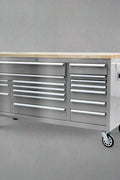 Fatboy 72" tool bench in JD Green finish with drawers closed

Open drawer view of Fatboy Xtra Wide Tool Box

Roller tool cabinet in stainless steel with heavy-duty casters

Fatboy workbench power bar and USB charging detail