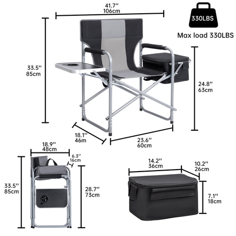 Heavy-duty folding camping chair with side table
Black outdoor director’s chair with cooler bag
Close-up of built-in cup holder and folding frame
Portable folding chair folded and packed for storage
Camping chair in use outdoors near a tent and a cooler