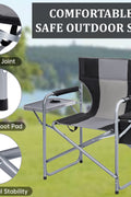Heavy-duty folding camping chair with side table
Black outdoor director’s chair with cooler bag
Close-up of built-in cup holder and folding frame
Portable folding chair folded and packed for storage
Camping chair in use outdoors near a tent and a cooler