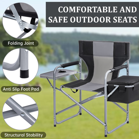 Heavy-duty folding camping chair with side table
Black outdoor director’s chair with cooler bag
Close-up of built-in cup holder and folding frame
Portable folding chair folded and packed for storage
Camping chair in use outdoors near a tent and a cooler