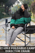 Heavy-duty folding camping chair with side table
Black outdoor director’s chair with cooler bag
Close-up of built-in cup holder and folding frame
Portable folding chair folded and packed for storage
Camping chair in use outdoors near a tent and a cooler