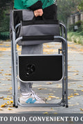 Heavy-duty folding camping chair with side table
Black outdoor director’s chair with cooler bag
Close-up of built-in cup holder and folding frame
Portable folding chair folded and packed for storage
Camping chair in use outdoors near a tent and a cooler
