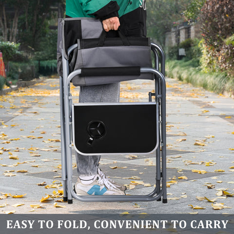 Heavy-duty folding camping chair with side table
Black outdoor director’s chair with cooler bag
Close-up of built-in cup holder and folding frame
Portable folding chair folded and packed for storage
Camping chair in use outdoors near a tent and a cooler