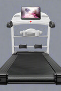 Folding treadmill front view with LCD screen

Compact treadmill side profile

Foldable treadmill for small spaces

Running belt close-up of JCT900E

JCT900E treadmill folded and stored

