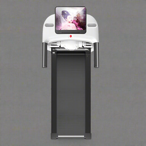 Folding treadmill front view with LCD screen

Compact treadmill side profile

Foldable treadmill for small spaces

Running belt close-up of JCT900E

JCT900E treadmill folded and stored

