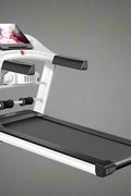 Folding treadmill front view with LCD screen

Compact treadmill side profile

Foldable treadmill for small spaces

Running belt close-up of JCT900E

JCT900E treadmill folded and stored

