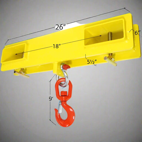 Forklift swivel hoist jib with 2246 lbs lifting capacity
Heavy-duty yellow fork jib attachment for skid steer
Industrial lifting hook for forklift with double fork mount
Forklift attachment swivel hoist powder-coated yellow
Skid steer compatible swivel fork jib for heavy loads