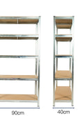 Front view of 5-tier galvanized steel shelf with MDF boards

Angled close-up showing adjustable shelves and metal frame

Storage rack in garage with tools and bins

Flat-packed shelving unit with assembly instructions