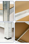 Front view of 5-tier galvanized steel shelf with MDF boards

Angled close-up showing adjustable shelves and metal frame

Storage rack in garage with tools and bins

Flat-packed shelving unit with assembly instructions