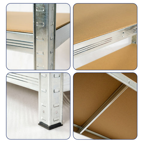 Front view of 5-tier galvanized steel shelf with MDF boards

Angled close-up showing adjustable shelves and metal frame

Storage rack in garage with tools and bins

Flat-packed shelving unit with assembly instructions