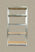 Front view of 5-tier galvanized steel shelf with MDF boards

Angled close-up showing adjustable shelves and metal frame

Storage rack in garage with tools and bins

Flat-packed shelving unit with assembly instructions