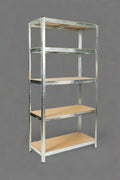 Front view of 5-tier galvanized steel shelf with MDF boards

Angled close-up showing adjustable shelves and metal frame

Storage rack in garage with tools and bins

Flat-packed shelving unit with assembly instructions