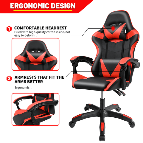 Black and Gray Gaming Office Chair Front View

Racing Style Chair with Adjustable Recline

Multiple Color Variants of Gaming Chairs

High Back Ergonomic Office Chair with Pillows