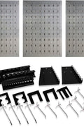 Heavy-duty metal pegboard set with 3 panels and 22 tool holders for garage or workshop wall organization
