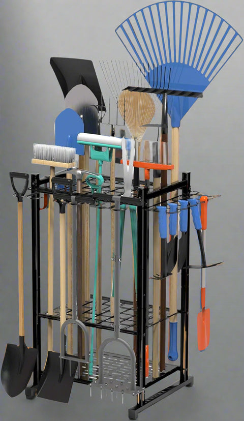 35-slot garden tool organizer rack with rakes and shovels
Heavy-duty garage tool stand with adjustable slots
Compact metal yard tool storage for garages and sheds