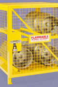 “Yellow propane tank storage cage with 4-cylinder capacity – OSHA compliant”

“Side view of forklift-ready base on propane cage”

“Interior of propane tank cabinet with horizontal steel shelving”

“Combo safety cage for 10 gas cylinders – 8 horizontal and 2 vertical slots”