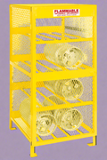 “Yellow propane tank storage cage with 4-cylinder capacity – OSHA compliant”

“Side view of forklift-ready base on propane cage”

“Interior of propane tank cabinet with horizontal steel shelving”

“Combo safety cage for 10 gas cylinders – 8 horizontal and 2 vertical slots”