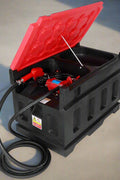 180L Portable Fuel Transfer Tank with Lid Open | Model YHM180G1
12V Diesel and Gasoline Fuel Pump System with Battery Cable
Side View of Compact Field Fuel Transfer Tank
Fuel Tank Hose and Nozzle Attachment Close-Up