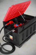 180L Portable Fuel Transfer Tank with Lid Open | Model YHM180G1
12V Diesel and Gasoline Fuel Pump System with Battery Cable
Side View of Compact Field Fuel Transfer Tank
Fuel Tank Hose and Nozzle Attachment Close-Up