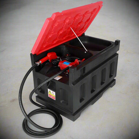 180L Portable Fuel Transfer Tank with Lid Open | Model YHM180G1
12V Diesel and Gasoline Fuel Pump System with Battery Cable
Side View of Compact Field Fuel Transfer Tank
Fuel Tank Hose and Nozzle Attachment Close-Up