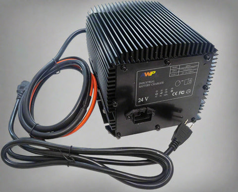 "Genie SkyJack 24V battery charger with power cord"

"Heavy-duty 25AMP charger for JLG and scissor lifts"

"Close-up of 24V industrial battery charger unit"
