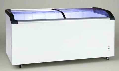 Glass top commercial chest freezer front view
Curved glass sliding lids with locking mechanism
Interior with baskets and LED lighting
Bottom wheels and caster locks
Full-body side angle in white finish
