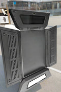 Side view of heavy-duty steel truck topper on black pickup
Modular canopy with open gullwing side door
Lockable utility cap rear view
Installation components of modular truck canopy
Steel topper installed on full-size pickup truck