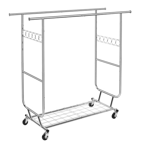 New Heavy Duty Double Rod Clothing Garment Rack – Rolling Adjustable Closet Organizer with Storage 600 lbs Capacity SKU AMCMR2992 - with | Sold by Uncle Wiener's Wholesale