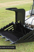 Skeleton grapple bucket with dual hydraulic arms

72-inch rock bucket with fine grade tine spacing

Skid steer rock rake attachment for sorting debris

Side view of grapple arms open and closed