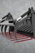 Main Image: 72” manure grapple fork for skid steer with hydraulic claws

Side view of dual grapple arms open

Grapple in closed position for transport

Grapple fork mounted on a skid steer loader
