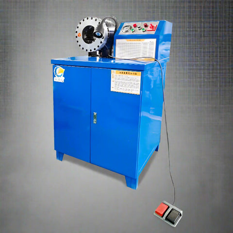 Hydraulic hose crimping machine full view

400 ton hydraulic hose press with tool cabinet

Close-up of hose crimp die sets

Hose crimping tool with 10L oil pump

Industrial hydraulic press for 6–51mm hoses