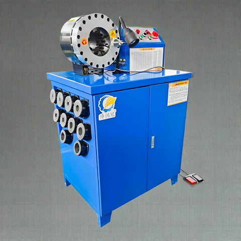 Hydraulic hose crimping machine full view

400 ton hydraulic hose press with tool cabinet

Close-up of hose crimp die sets

Hose crimping tool with 10L oil pump

Industrial hydraulic press for 6–51mm hoses