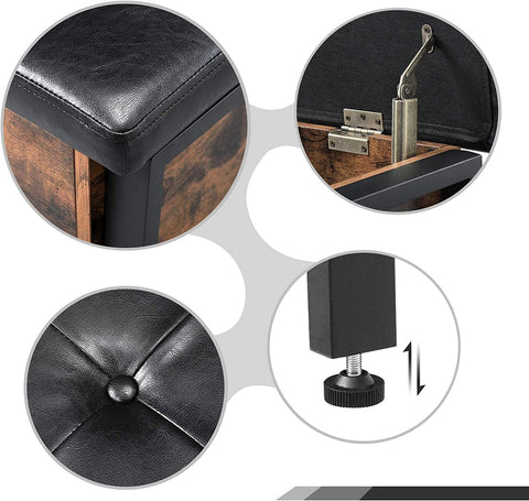 "Industrial storage bench with black metal frame, tufted seat, open shelf, and trunk compartment – Model LSB47BX"