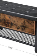 "Industrial storage bench with black metal frame, tufted seat, open shelf, and trunk compartment – Model LSB47BX"