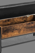 "Industrial storage bench with black metal frame, tufted seat, open shelf, and trunk compartment – Model LSB47BX"