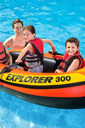 Intex Explorer 300 inflatable boat top view

3-person orange inflatable raft with oars

Durable vinyl inflatable boat for lake or pool

Explorer 300 model 58332NP with grab rope

Lightweight and compact Intex boat