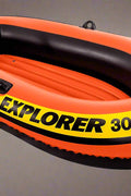 Intex Explorer 300 inflatable boat top view

3-person orange inflatable raft with oars

Durable vinyl inflatable boat for lake or pool

Explorer 300 model 58332NP with grab rope

Lightweight and compact Intex boat