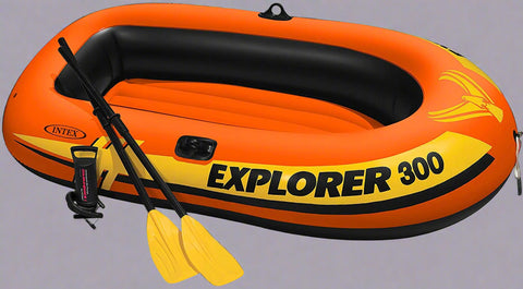 Intex Explorer 300 inflatable boat top view

3-person orange inflatable raft with oars

Durable vinyl inflatable boat for lake or pool

Explorer 300 model 58332NP with grab rope

Lightweight and compact Intex boat